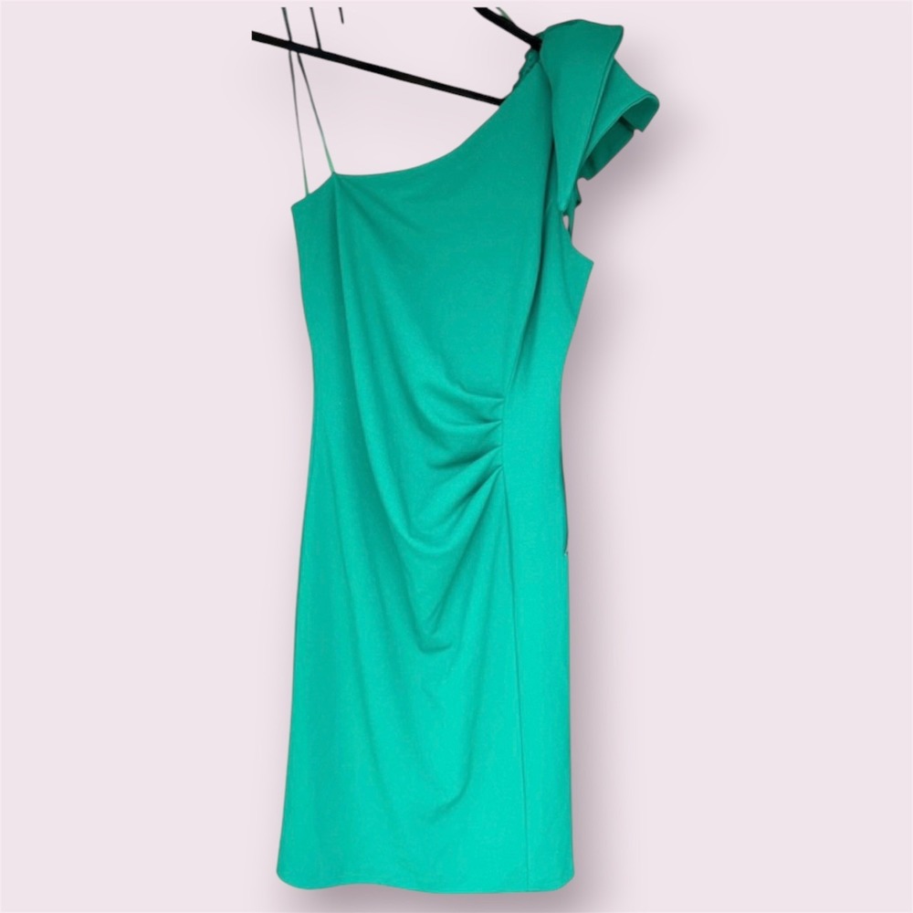 Betsy & Adam Green One-Shoulder Ruffled Midi Dress Size 8 With Draped Detail - Picture 1 of 9